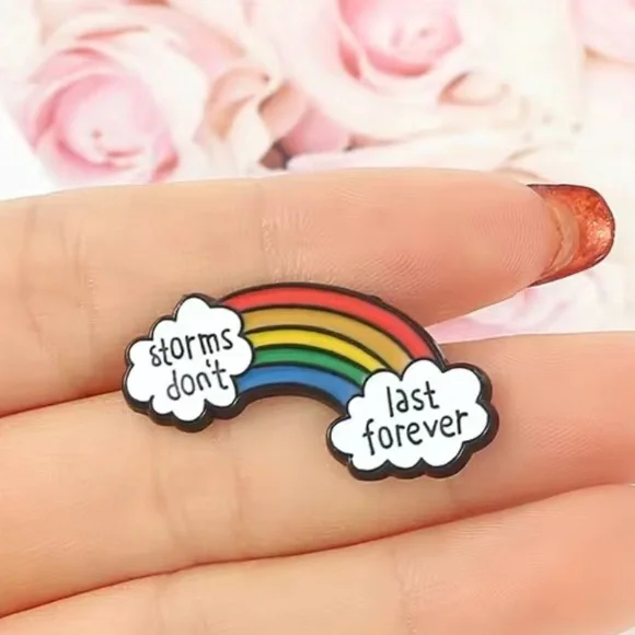 3/$25 “Storms Don’t Last Forever” Double Cloud Rainbow Pin Badge Brooch UNISEX - Picture 3 of 8